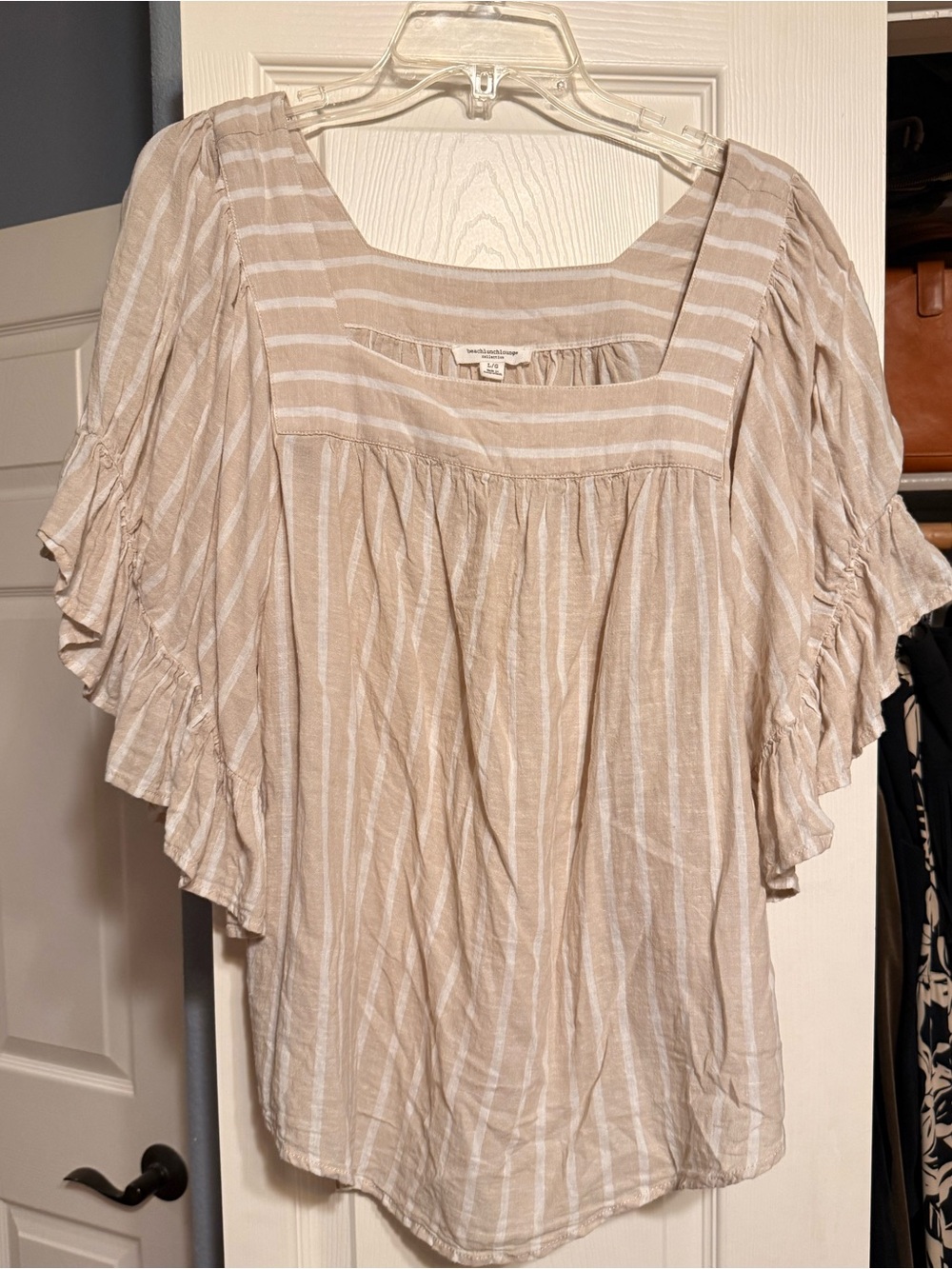 beachlunchlounge Beige and White Striped Peasant Blouse